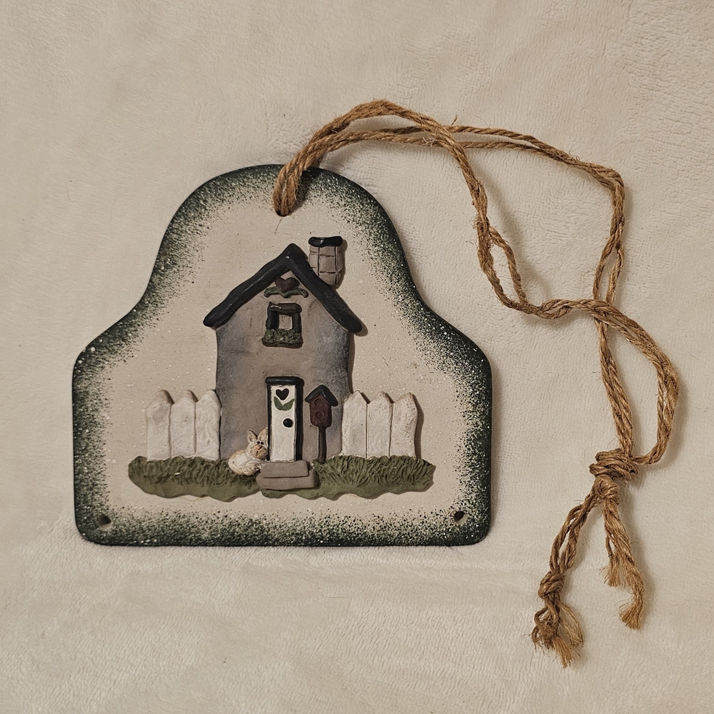 Rustic Handpainted Cottage Hanging Ornament in Cream and Green